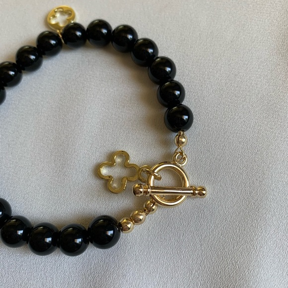 Black Onyx Gold Plated Clover Charm Bracelet - Picture 4 of 9
